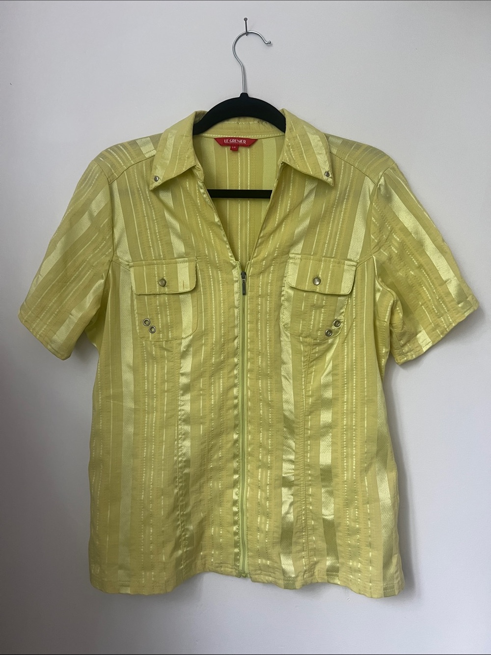 Le Grenier Yellow Satin-Stripe Short Sleeve Zip Front Blouse